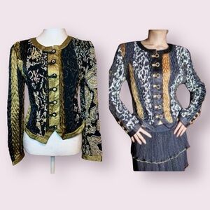 Vintage 1980’s Jeanne Marc Quilted Metallic Crop Jacket Black Gold Size Small